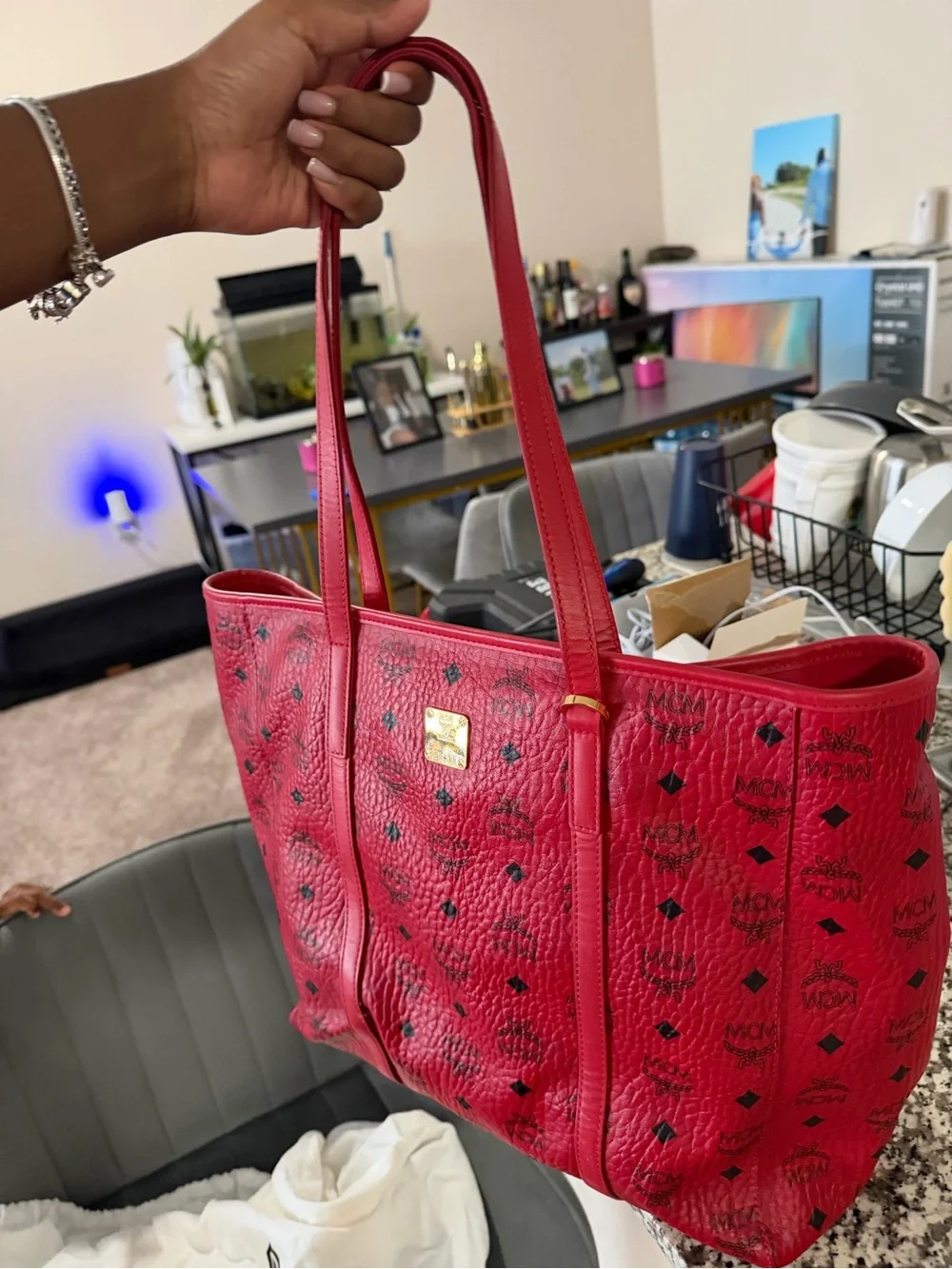 MCM Red Logo Visetos Shopper Tote with Gold Plaque